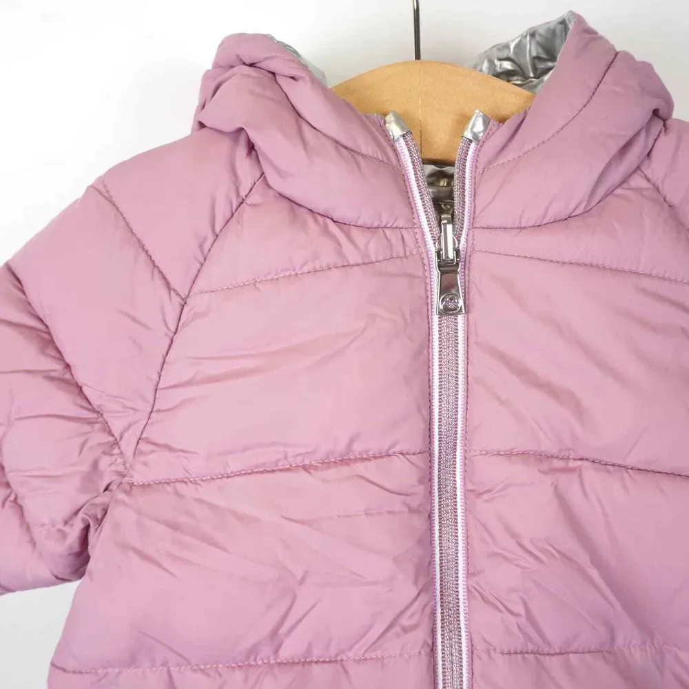 Mayoral Warm Insulated Hooded Puffer Jacket‎ Purple Metallic Silver Baby Sz 6m